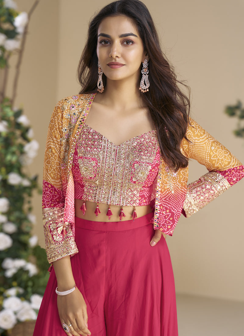 Vegaa Fashion Pink Chinon Silk Embroidered Western Palazzo Suit | Grocsy