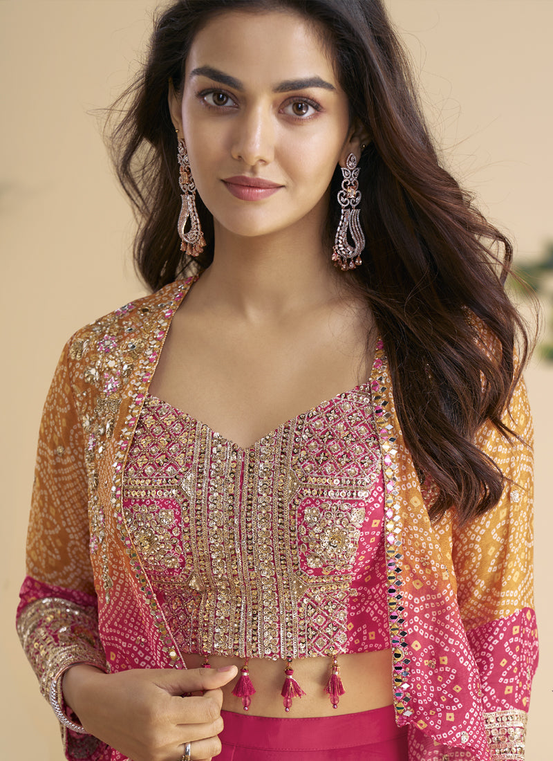 Vegaa Fashion Pink Chinon Silk Embroidered Western Palazzo Suit | Grocsy