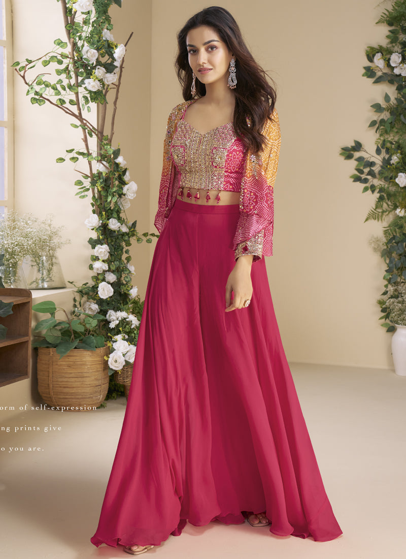 Vegaa Fashion Pink Chinon Silk Embroidered Western Palazzo Suit | Grocsy