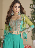 Vegaa Fashion Turquoise Chinon Silk Embroidered Western Palazzo Suit | Grocsy
