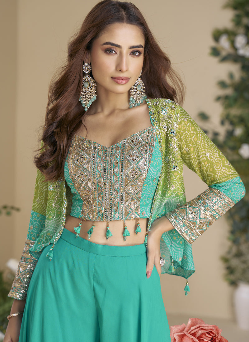 Vegaa Fashion Turquoise Chinon Silk Embroidered Western Palazzo Suit | Grocsy