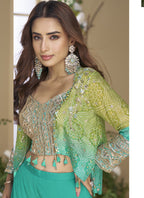 Vegaa Fashion Turquoise Chinon Silk Embroidered Western Palazzo Suit | Grocsy