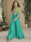 Vegaa Fashion Turquoise Chinon Silk Embroidered Western Palazzo Suit | Grocsy
