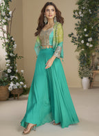 Vegaa Fashion Turquoise Chinon Silk Embroidered Western Palazzo Suit | Grocsy