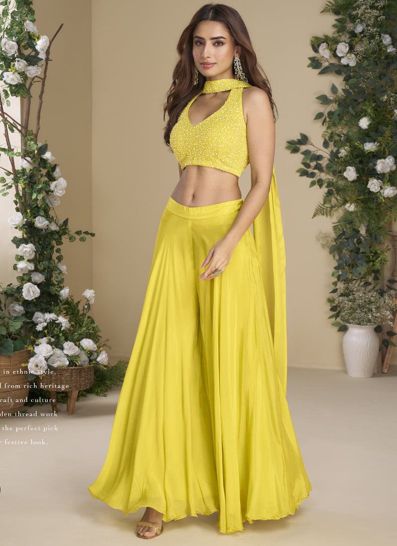Vegaa Fashion Yellow Chinon Silk Embroidered Western Palazzo Suit | Grocsy