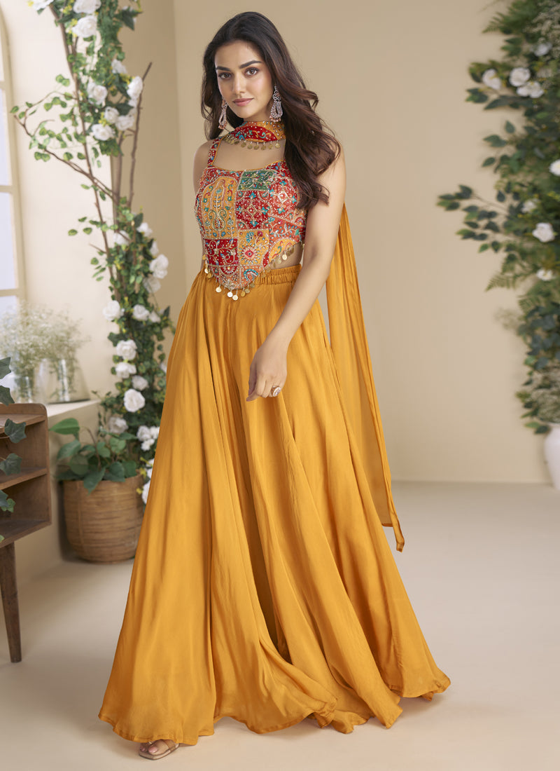Vegaa Fashion Mustard Chinon Silk Embroidered Western Palazzo Suit | Grocsy