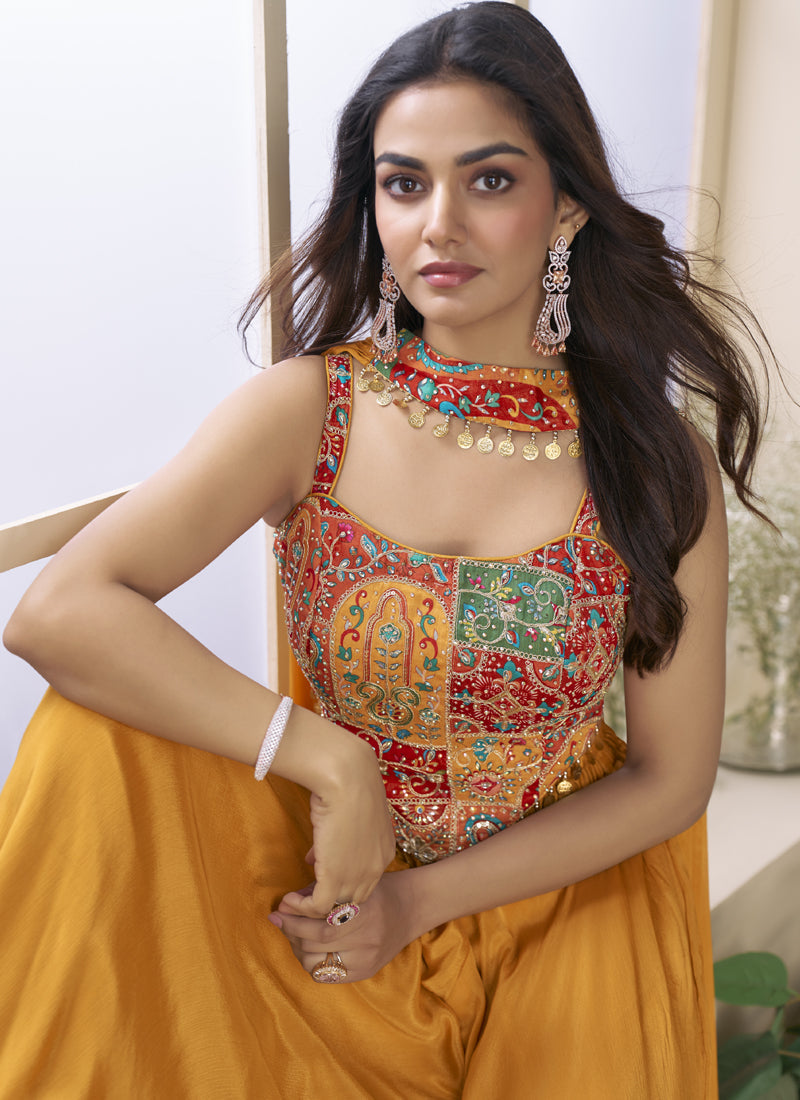 Vegaa Fashion Mustard Chinon Silk Embroidered Western Palazzo Suit | Grocsy