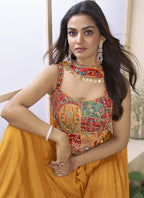 Vegaa Fashion Mustard Chinon Silk Embroidered Western Palazzo Suit | Grocsy