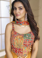 Vegaa Fashion Mustard Chinon Silk Embroidered Western Palazzo Suit | Grocsy