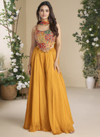 Vegaa Fashion Mustard Chinon Silk Embroidered Western Palazzo Suit | Grocsy