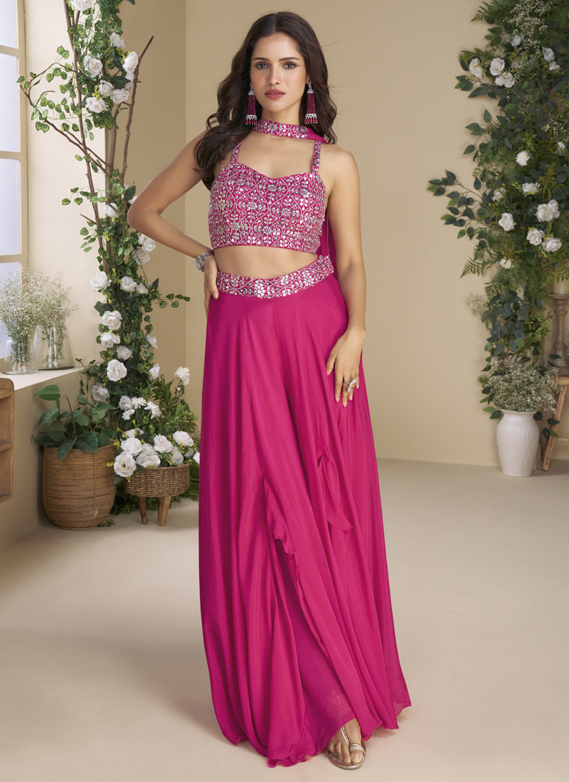 Vegaa Fashion Rani Pink Chinon Silk Embroidered Western Palazzo Suit | Grocsy