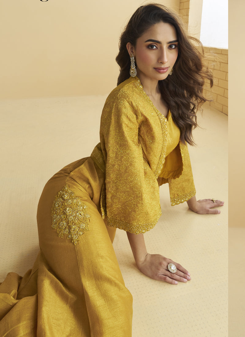 Vegaa Fashion Yellow Silk Embroidered Designer Palazzo With Jacket | Grocsy