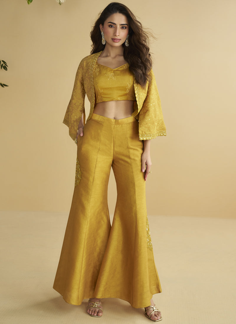 Vegaa Fashion Yellow Silk Embroidered Designer Palazzo With Jacket | Grocsy