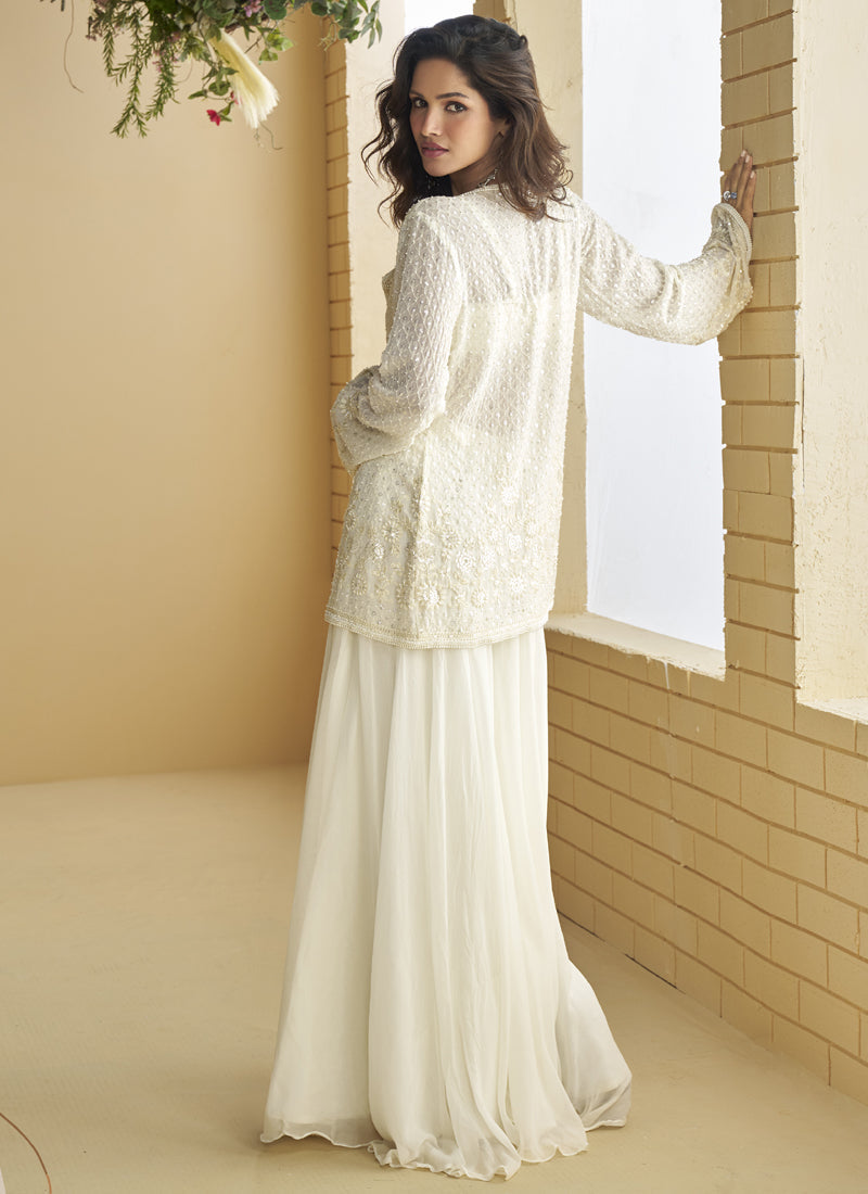 Vegaa Fashion White Georgette Embroidered Designer Palazzo With Jacket | Grocsy