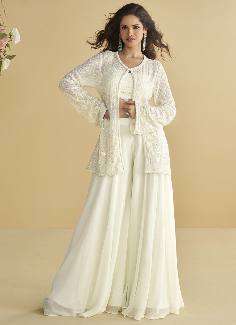 Vegaa Fashion White Georgette Embroidered Designer Palazzo With Jacket | Grocsy