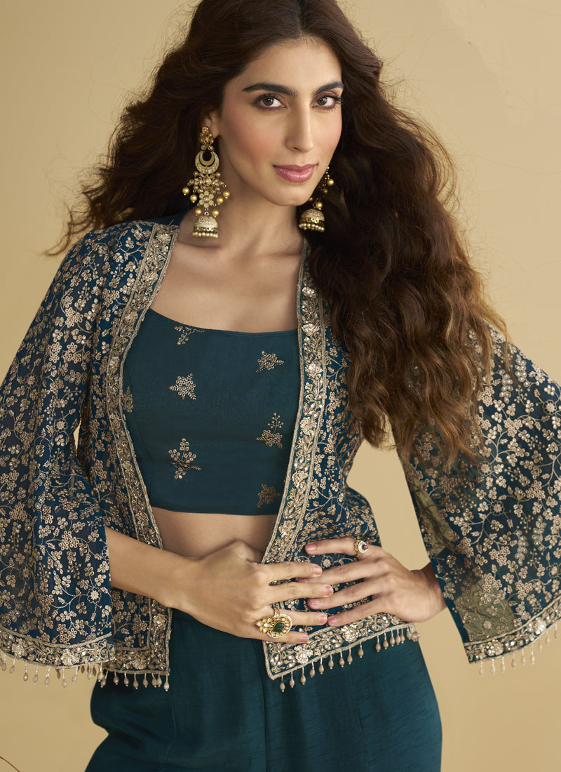 Vegaa Fashion Aqua Blue Georgette Embroidered Designer Palazzo With Jacket | Grocsy