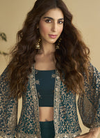 Vegaa Fashion Aqua Blue Georgette Embroidered Designer Palazzo With Jacket | Grocsy