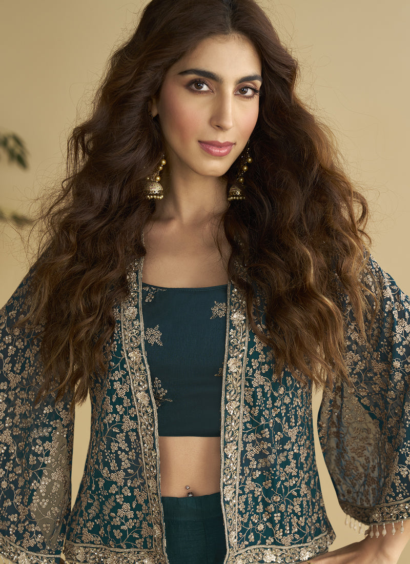 Vegaa Fashion Aqua Blue Georgette Embroidered Designer Palazzo With Jacket | Grocsy