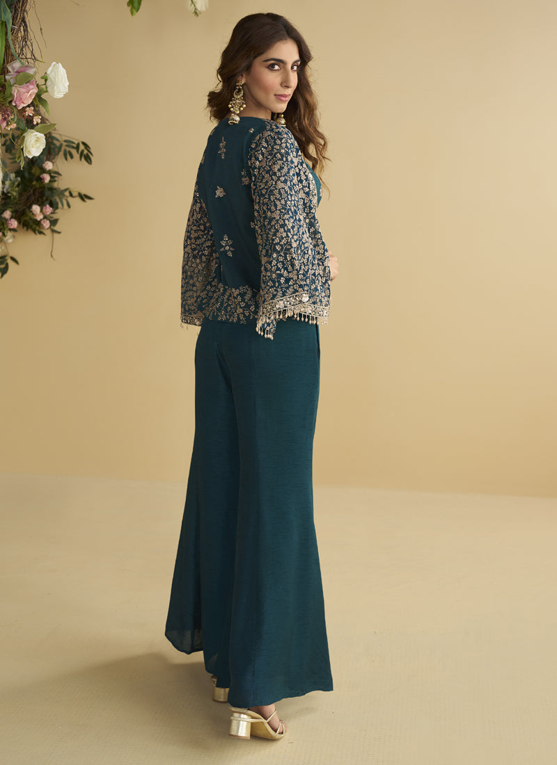 Vegaa Fashion Aqua Blue Georgette Embroidered Designer Palazzo With Jacket | Grocsy