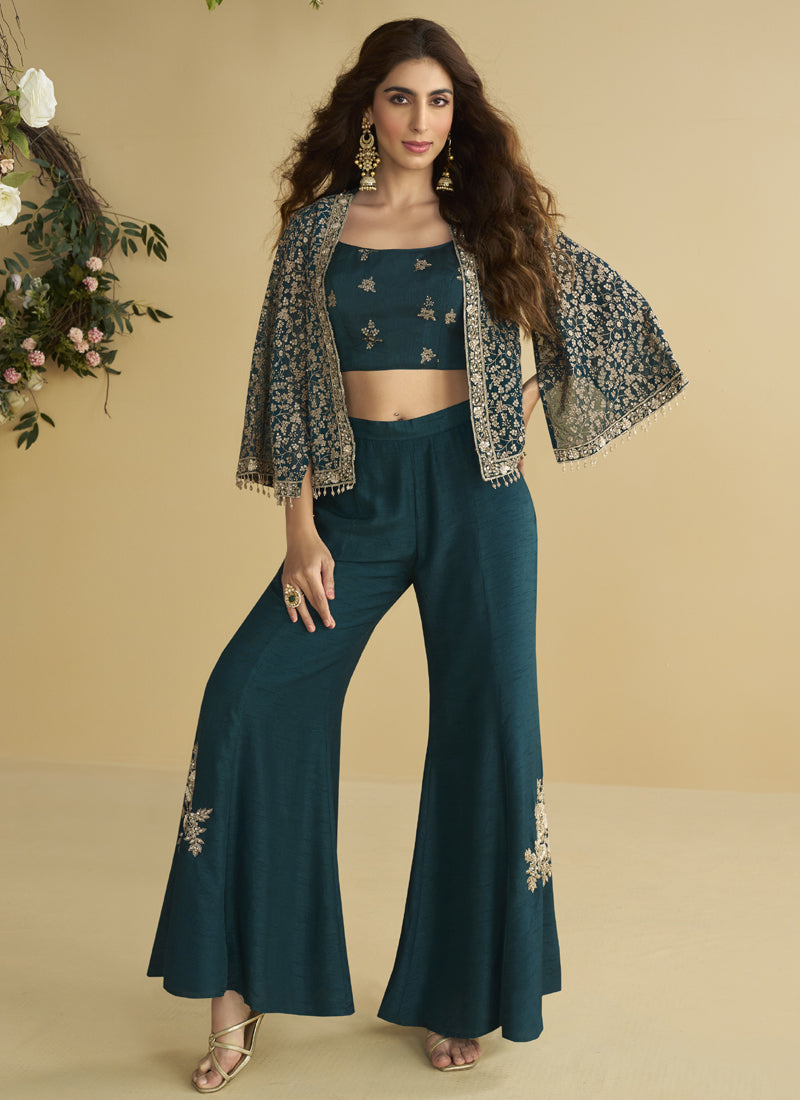 Vegaa Fashion Aqua Blue Georgette Embroidered Designer Palazzo With Jacket | Grocsy