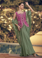 Vegaa Fashion Mehendi Chinon Silk Embroidered Western Palazzo Suit | Grocsy