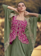 Vegaa Fashion Mehendi Chinon Silk Embroidered Western Palazzo Suit | Grocsy