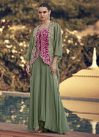 Vegaa Fashion Mehendi Chinon Silk Embroidered Western Palazzo Suit | Grocsy