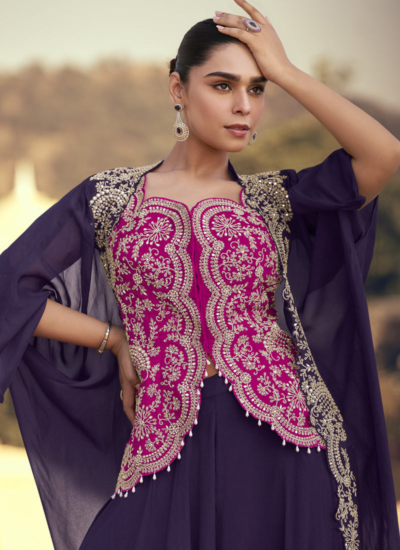 Vegaa Fashion Purple Chinon Silk Embroidered Western Palazzo Suit | Grocsy