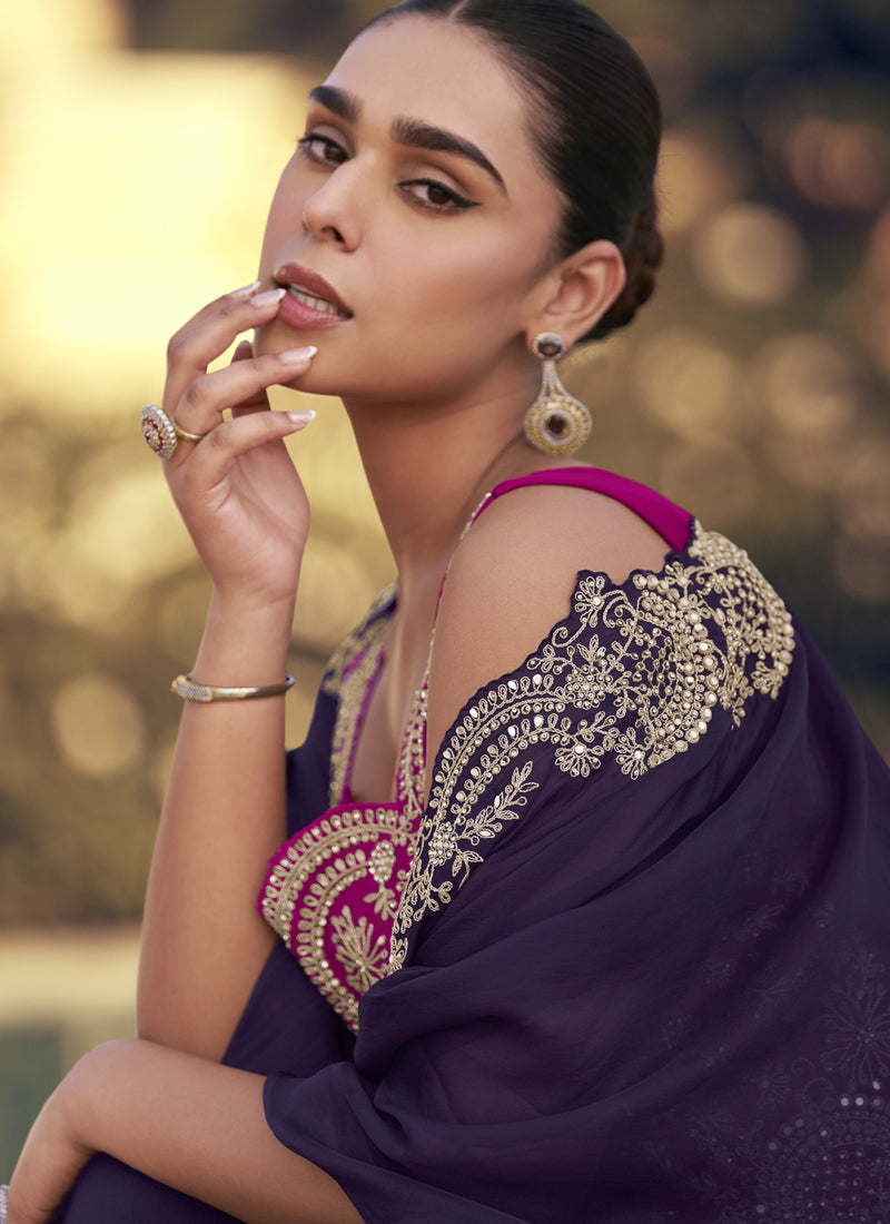Vegaa Fashion Purple Chinon Silk Embroidered Western Palazzo Suit | Grocsy