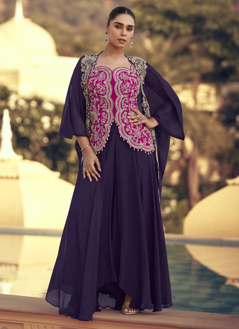 Vegaa Fashion Purple Chinon Silk Embroidered Western Palazzo Suit | Grocsy