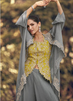 Vegaa Fashion Grey Chinon Silk Embroidered Western Palazzo Suit | Grocsy