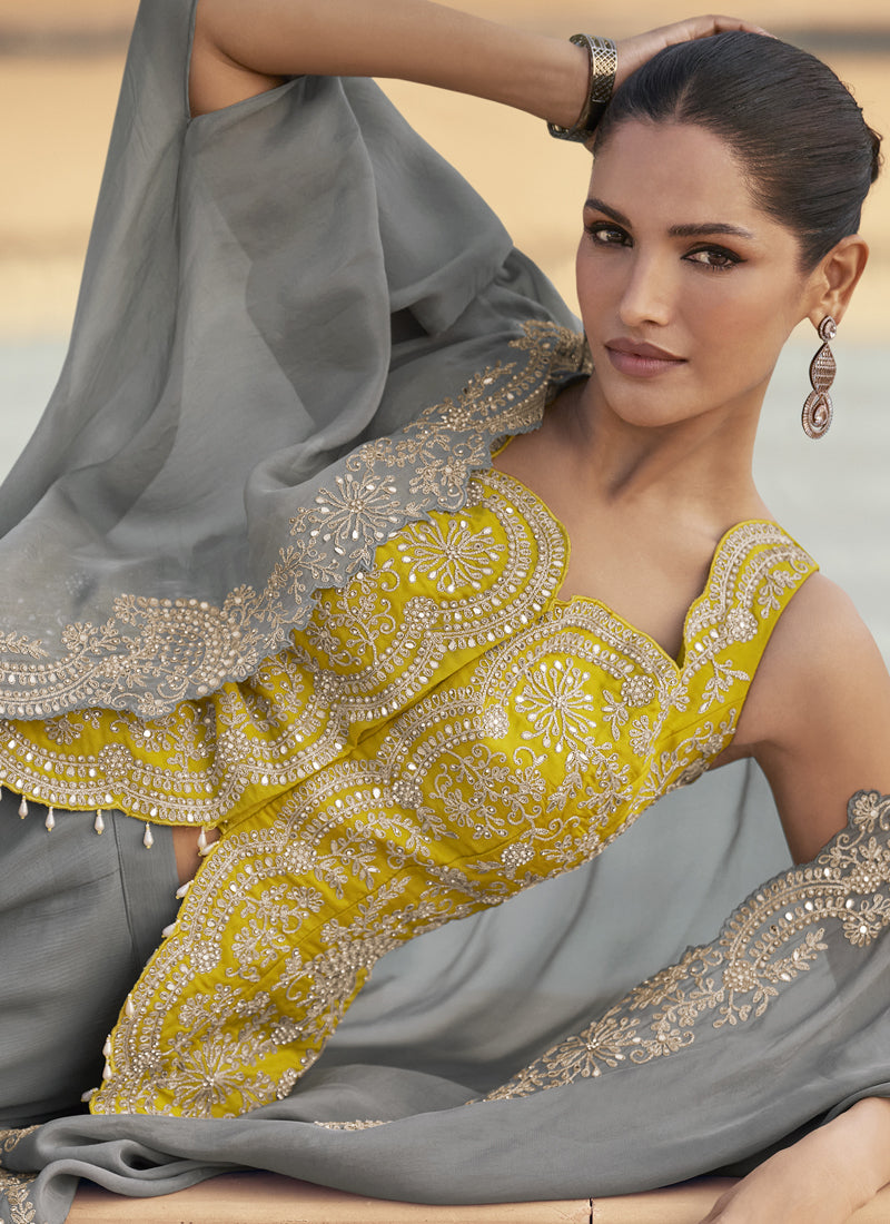 Vegaa Fashion Grey Chinon Silk Embroidered Western Palazzo Suit | Grocsy
