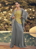 Vegaa Fashion Grey Chinon Silk Embroidered Western Palazzo Suit | Grocsy