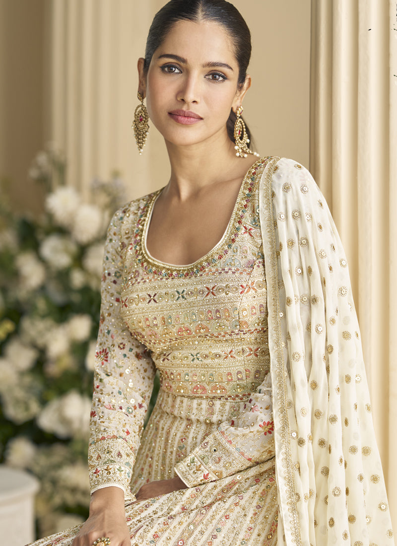 Vegaa Fashion Off White Georgette Embroidered Seroski Zarkan Anarkali Suit | Grocsy