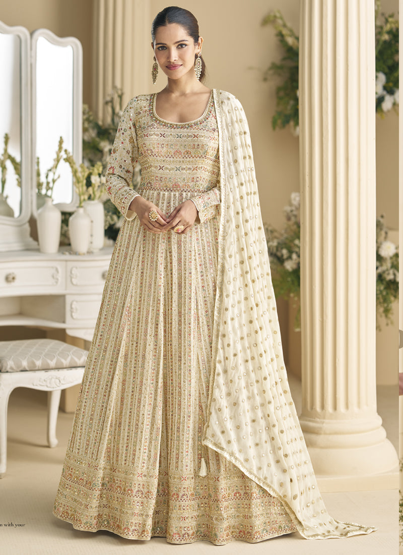 Vegaa Fashion Off White Georgette Embroidered Seroski Zarkan Anarkali Suit | Grocsy