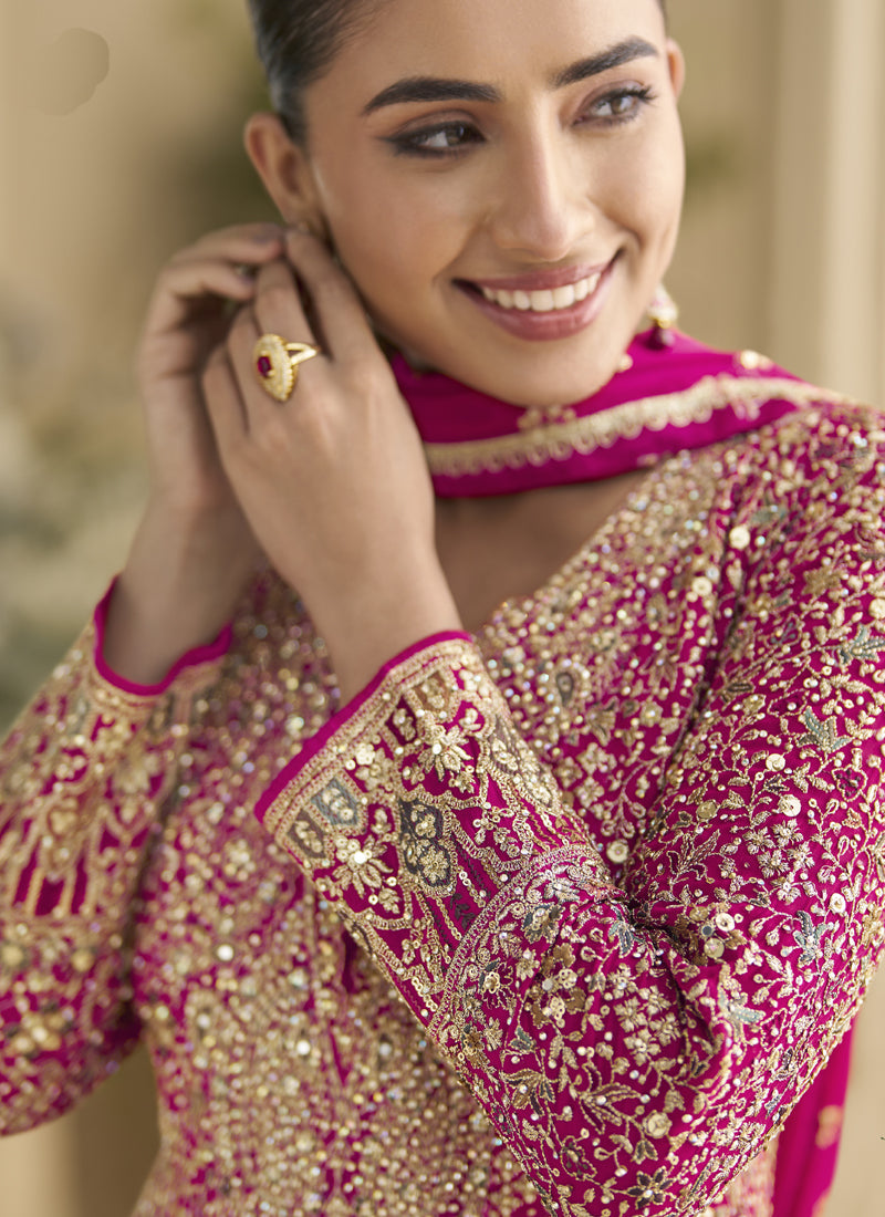 Vegaa Fashion Pink Georgette Embroidered Seroski Zarkan Anarkali Suit | Grocsy
