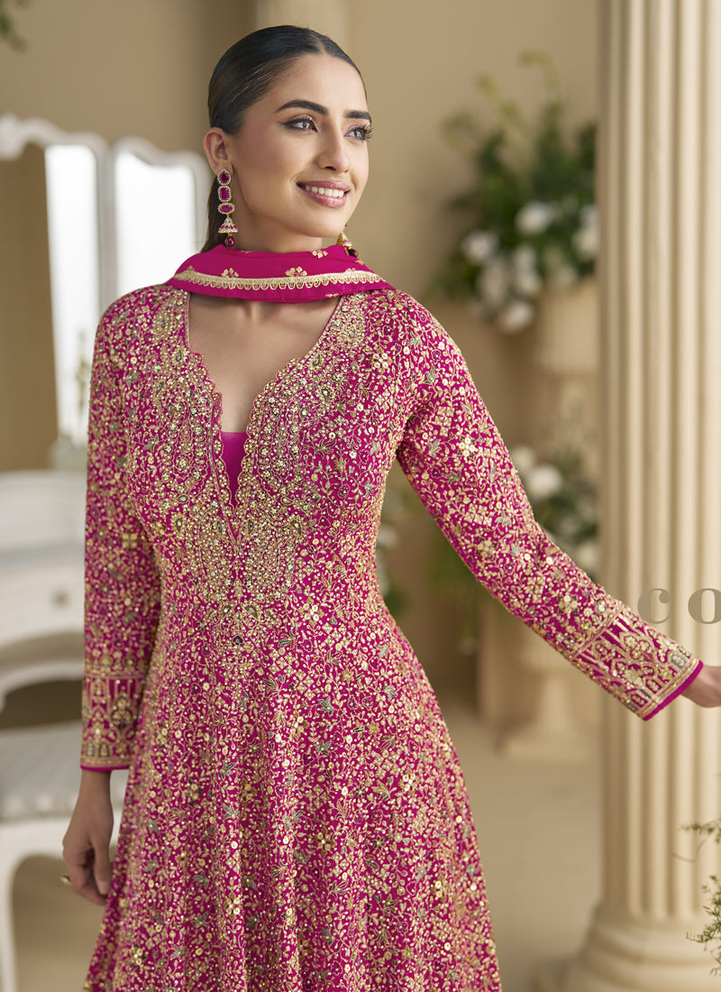 Vegaa Fashion Pink Georgette Embroidered Seroski Zarkan Anarkali Suit | Grocsy