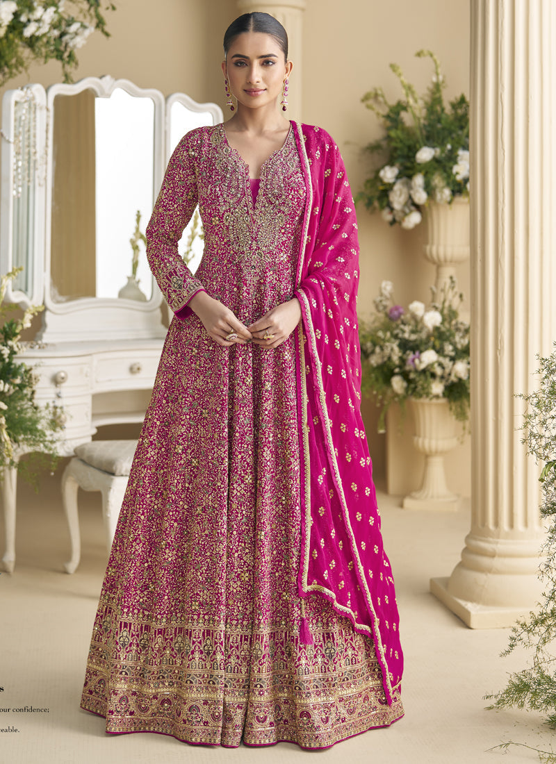 Vegaa Fashion Pink Georgette Embroidered Seroski Zarkan Anarkali Suit | Grocsy