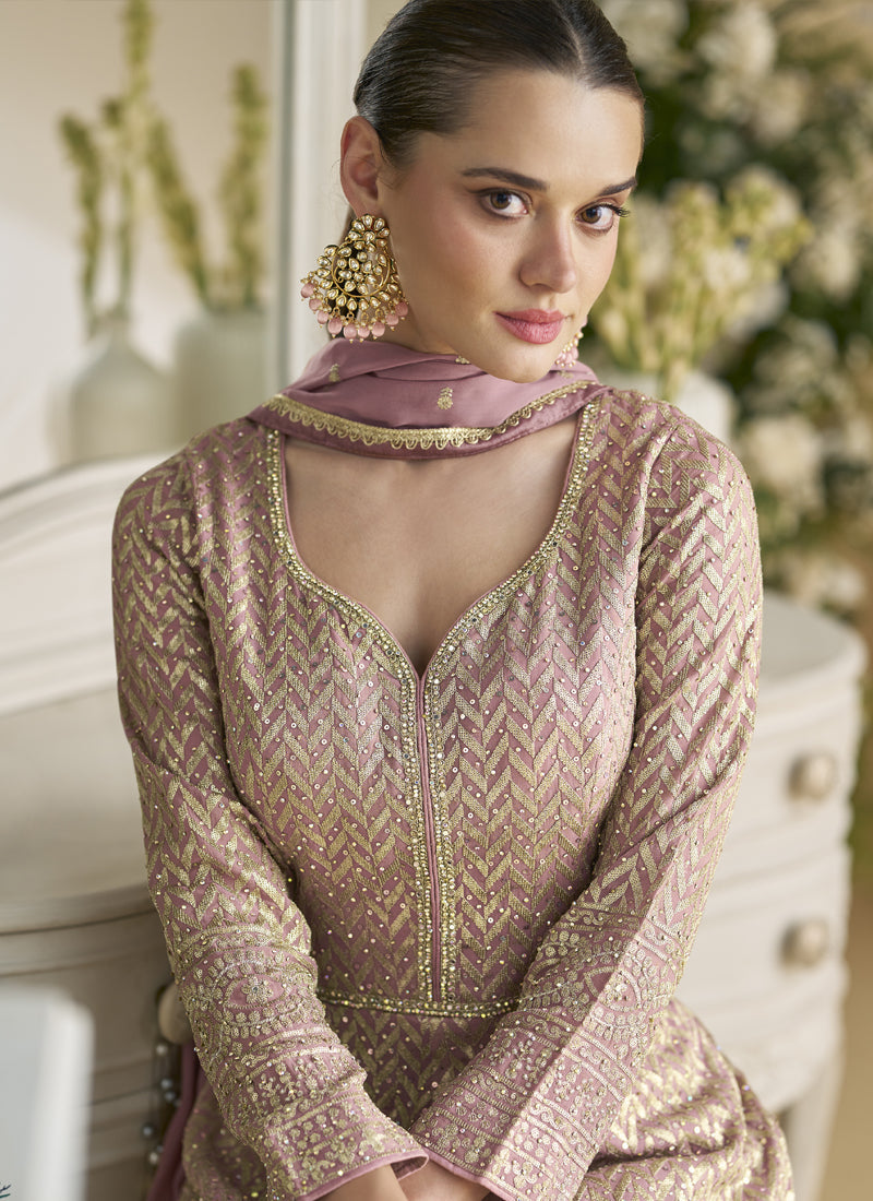 Vegaa Fashion Onion Pink Georgette Embroidered Seroski Zarkan Anarkali Suit | Grocsy
