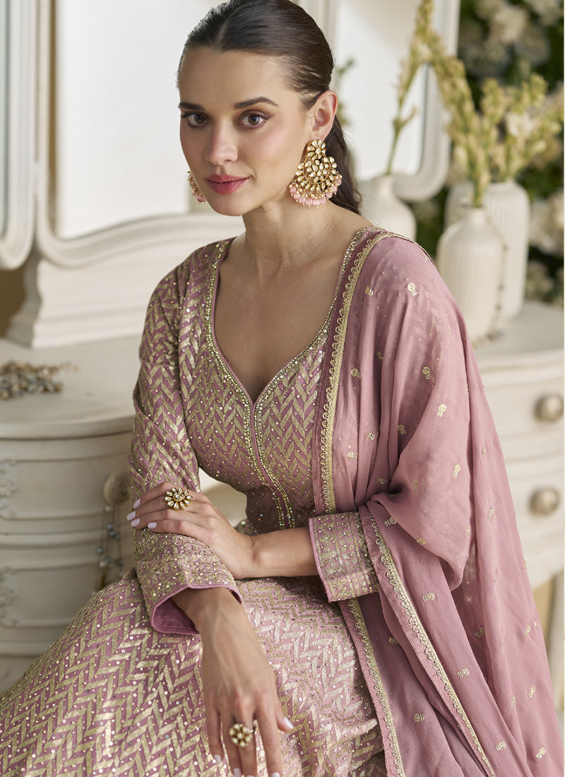 Vegaa Fashion Onion Pink Georgette Embroidered Seroski Zarkan Anarkali Suit | Grocsy