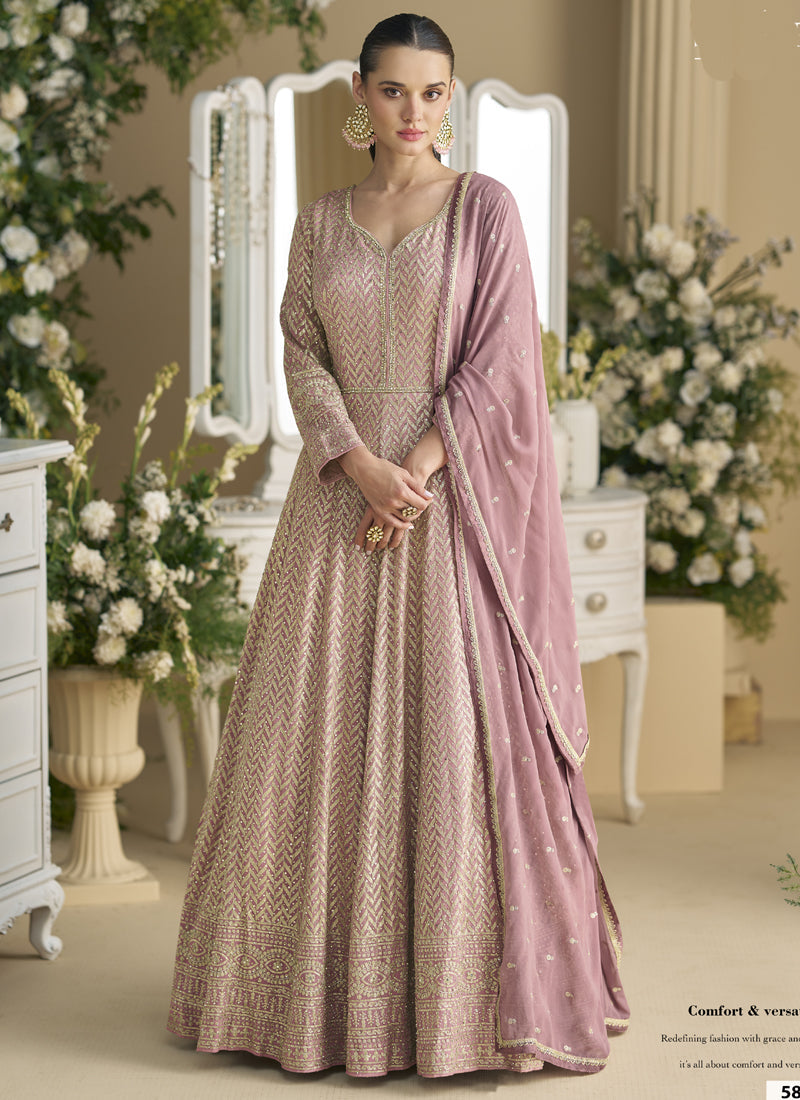 Vegaa Fashion Onion Pink Georgette Embroidered Seroski Zarkan Anarkali Suit | Grocsy