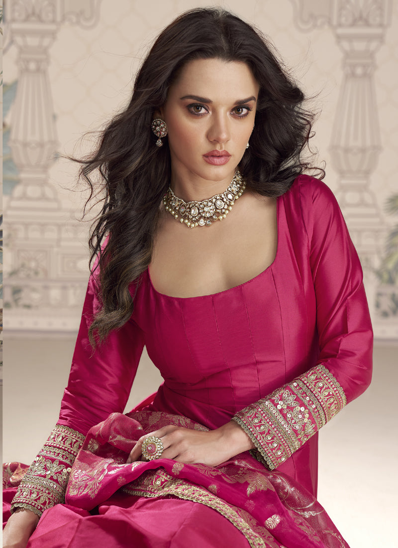 Vegaa Fashion Rani Pink Viscose Jacquard Silk Embroidered Gown With Viscose Dupatta | Grocsy