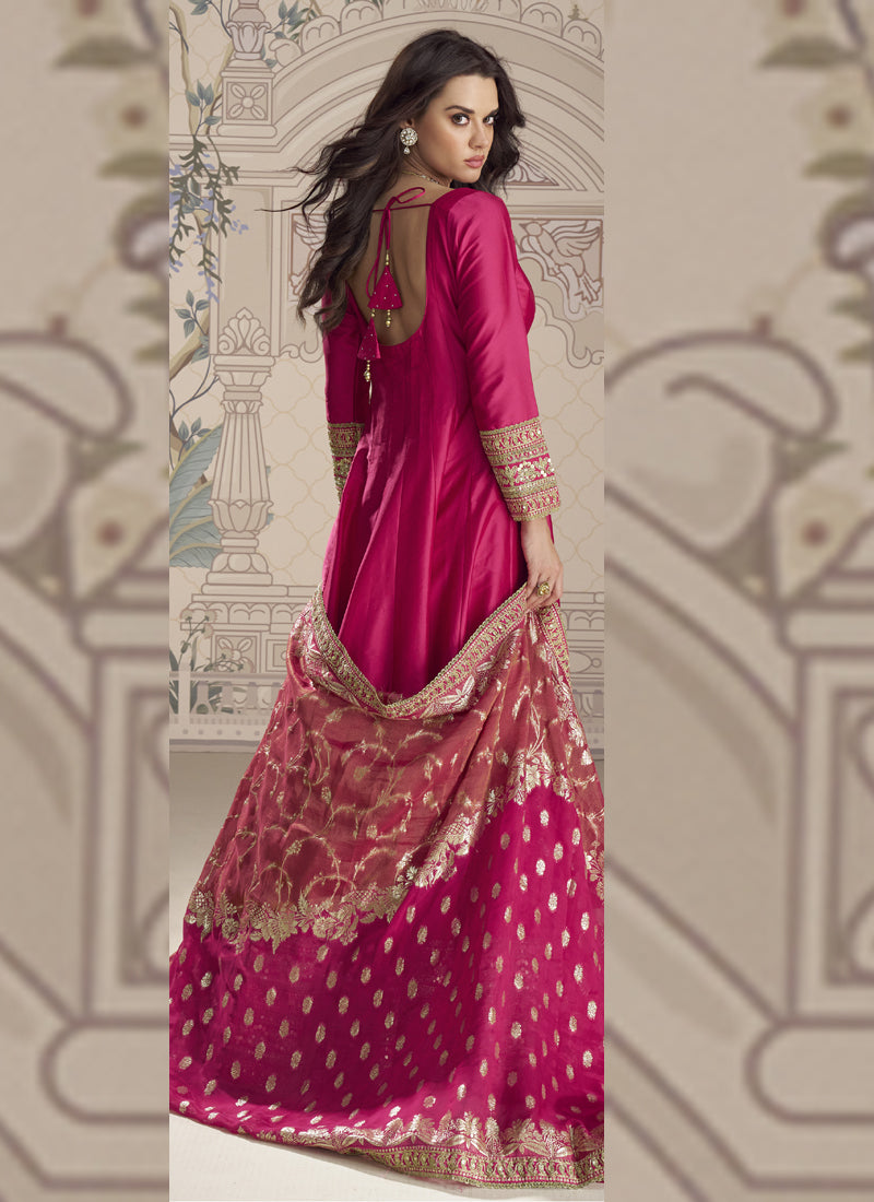 Vegaa Fashion Rani Pink Viscose Jacquard Silk Embroidered Gown With Viscose Dupatta | Grocsy