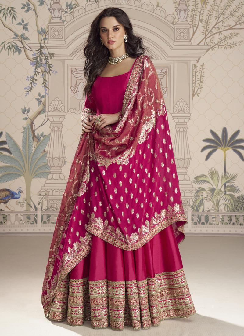 Vegaa Fashion Rani Pink Viscose Jacquard Silk Embroidered Gown With Viscose Dupatta | Grocsy
