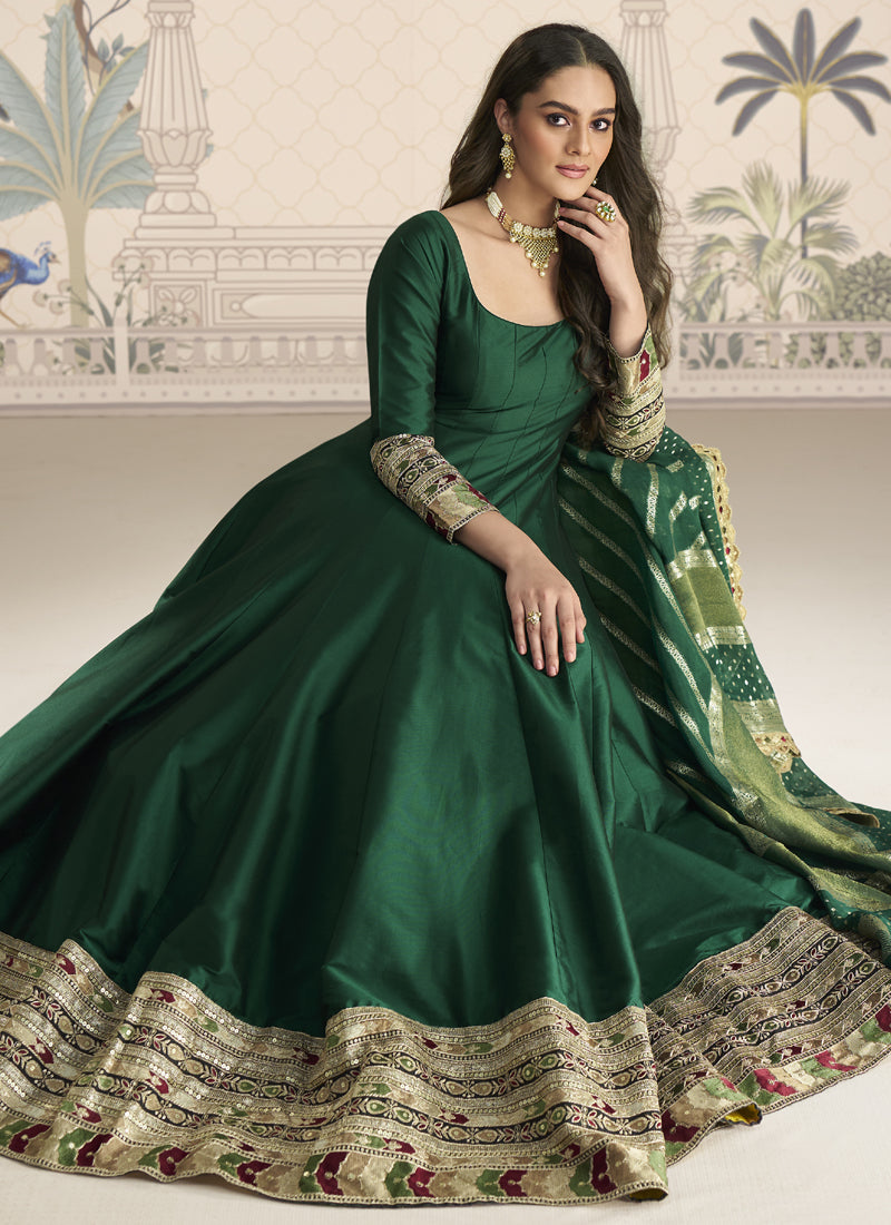Vegaa Fashion Green Viscose Jacquard Silk Embroidered Gown With Viscose Dupatta | Grocsy