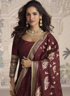 Vegaa Fashion Maroon Viscose Jacquard Silk Embroidered Gown With Viscose Dupatta | Grocsy