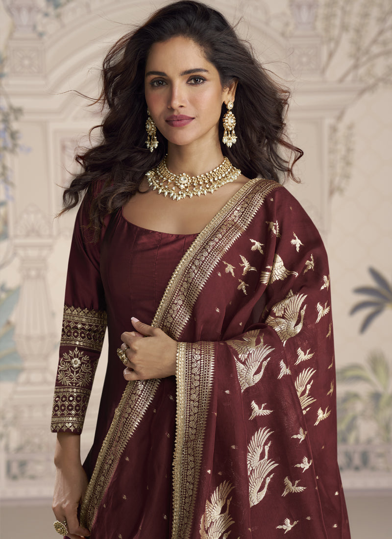 Vegaa Fashion Maroon Viscose Jacquard Silk Embroidered Gown With Viscose Dupatta | Grocsy