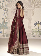 Vegaa Fashion Maroon Viscose Jacquard Silk Embroidered Gown With Viscose Dupatta | Grocsy