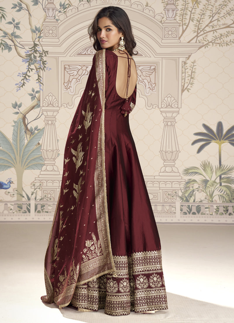 Vegaa Fashion Maroon Viscose Jacquard Silk Embroidered Gown With Viscose Dupatta | Grocsy