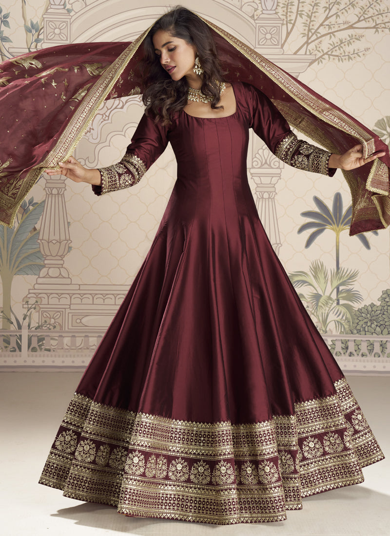 Vegaa Fashion Maroon Viscose Jacquard Silk Embroidered Gown With Viscose Dupatta | Grocsy